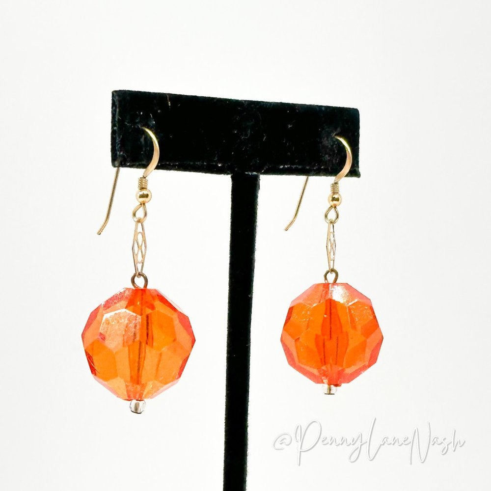 Vintage Single Sphere Orange Bead Dangle Hook Earrings - Picture 2 of 8